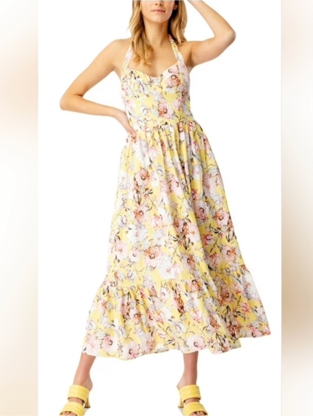 BARDOT Labella Floral Linen Blend Halter Midi Dress with Pastel Blooms